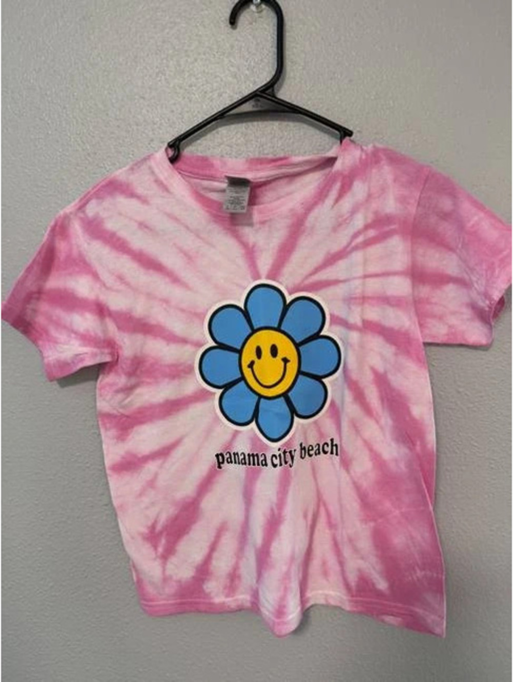 #6183 Panama City Beach Pink Tie Dye Smiley Flower T-Shirt Size S